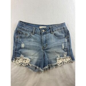 Altar'd State Denim Shorts Distressed Lace Trim Raw Hem Casual Size 26‎